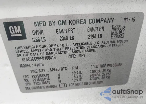 2015 Buick Encore Leather из США, поврежденный, VIN KL4CJCSB6FB168419